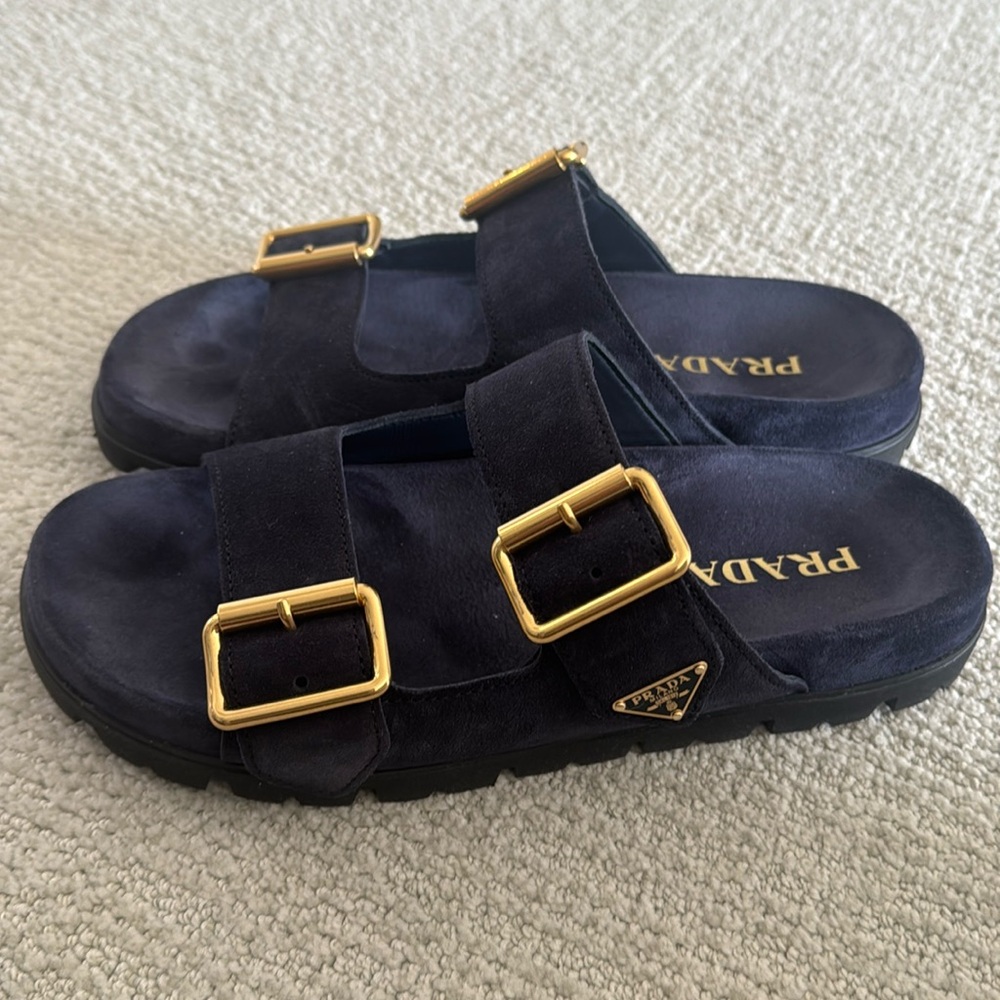 Prada Suede Double Buckle Slide Sandals - Size 40.5 Blue - Never Been Worn